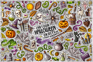 Doodle cartoon set of Halloween theme objects and symbols