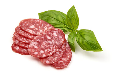 Salami sausage slices, isolated on a white background
