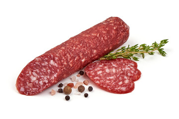 Italian dry sausage, isolated on white background