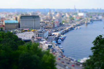 Summer panorama of the city with miniature effect 