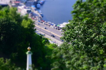 Summer panorama of the city with miniature effect 