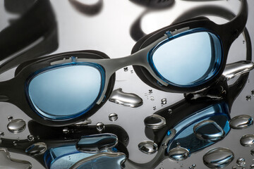 swimming glasses on surface with water drops