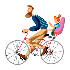 Dad and daughter riding on bicycle with kid chair isolated