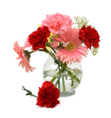 Mother's day of flower bouquet arrangement in vase isolated on white.