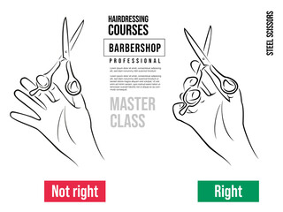 Hand holds professional scissors for haircuts. Correct and incorrect holding of hairdressing scissors when cutting