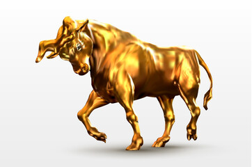 Ox statue, gold bull. Chinese New Year 2021. Happy New Year card, Vector illustration, golden decoration.