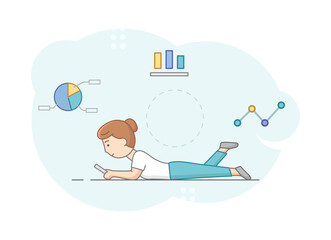 Brainstorming, Innovation And Teamwork Concept. Pretty Businesswoman At Workplace. Young Attractive Woman Analyses Statistics And Charts Using Tablet. Cartoon Linear Outline Flat Vector Illustration