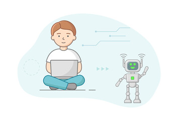 Concept Of Robotics. Man Coding And Set Robot Using Laptop. AI And Business IOT, Chat Bot, Future Marketing. Teaching Robot To Serve People. Cartoon Linear Outline Flat Style. Vector Illustration