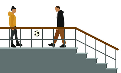 Fototapeta premium Male character and female character play with a football ball on a stairwell