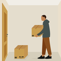 Empty room with a box on the floor and a male character with a box in his hands