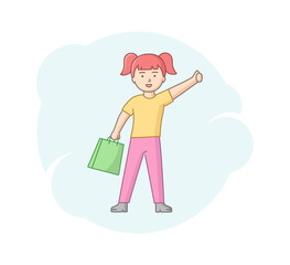 Fototapeta premium Concept Of Online Shopping, And Marketing. Young Girl On Shopping. Woman Cheerful Female Character Standing With Shopping Bag And Showing Thumb Up. Cartoon Linear Outline Flat Vector Illustration