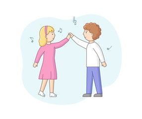 Dance Party Concept. Man And Woman Dancing Together. Satisfied Couple Looking On Each Other. Characters Enjoying Dance Party With Notes Infographic. Cartoon Linear Outline Flat Vector Illustration