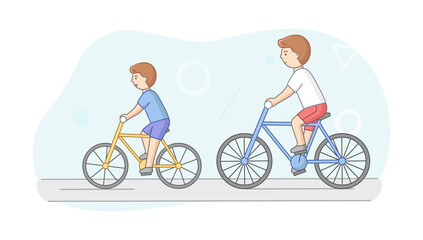 Weekend Time Leisure, Fatherhood And Friendship Concept. People Riding Bicycle In Park. Father And Son Or Friends Lead Active Lifestyle. Weekend Active Time. Cartoon Flat Style. Vector Illustration