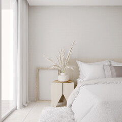 White bedroom interior.Earth tones design.3d rendering