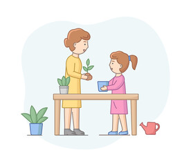 Motherhood Concept. Mother Spending Time With Daughter, Planting Plants, Enjoying Spending Time Together. Mother Teach Daughter To Take Care Of Plants. Cartoon Linear Outline Flat Vector Illustration