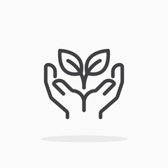 Hands holding plant icon in line style. Editable stroke.