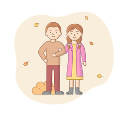 Autumn Concept. Man And Woman In Warm Clothes Walking In The Park And Enjoy Autumn Beautiful Weather. Cheerful Young Couple Standing Together. Cartoon Linear Outline Flat Style Vector Illustration