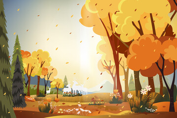 Fantasy panorama landscapes of Countryside in autumn,Panoramic of mid autumn with farm field, mountains, wild grass and leaves falling from trees in yellow foliage. Wonderland landscape in fall season