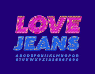 Vector bright sign Love Jeans. Blue Denim Font. Textile Alphabet Letters and Numbers