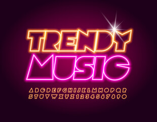 Vector bright banner Trendy Music. Creative Neon Font. Illuminated glowing Alphabet Letters and Numbers