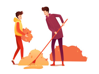 People cleaning leaves flat vector illustration
