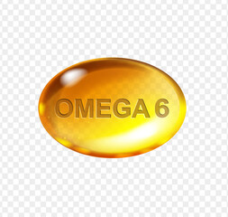 Omega 6 gold capsule. Vitamin drop pill of omega acid oil. Vector illustration. - obrazy, fototapety, plakaty