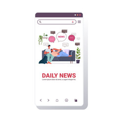 couple relaxing on sofa discussing daily news chat bubble communication concept man woman spending time together smartphone screen copy space vector illustration