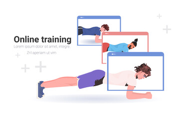 men doing fitness exercises online training healthy lifestyle workout concept sportsmen in web browser windows horizontal copy space vector illustration