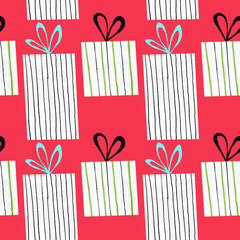 Gift box seamless pattern, hand-painted in watercolor. Illustration for fabric und textile design, wallpaper, packaging, interior.