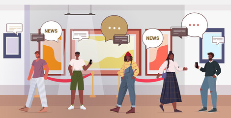 people discussing daily news during meeting in art gallery chat bubble communication concept mix race visitors viewing exhibits in museum full length horizontal vector illustration