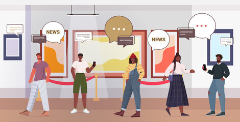 Fototapeta premium people discussing daily news during meeting in art gallery chat bubble communication concept mix race visitors viewing exhibits in museum full length horizontal vector illustration