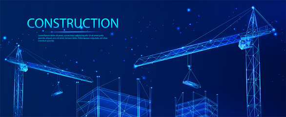 Building. Polygonal wire-frame of a building with a crane on a blue background with stars. Construction, development, architecture, lifting devices. vector illustration