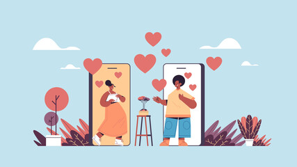 man woman chatting online mobile dating app african american couple discussing during virtual meeting social relationship communication concept horizontal vector illustration