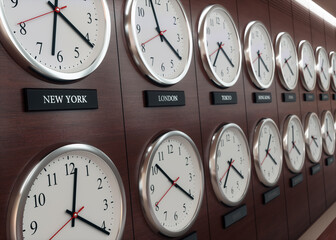World wide time zone clock. Clocks on the wall, showing the time around the world. - 366124785