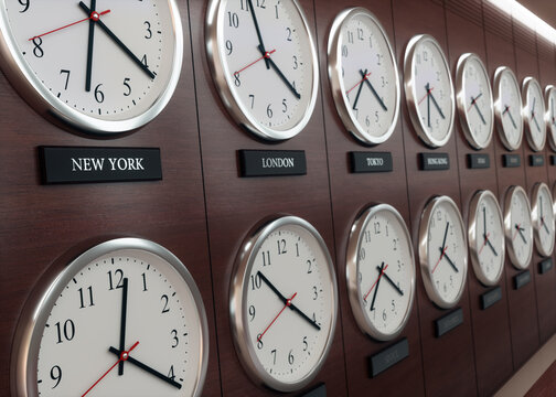 World wide time zone clock. Clocks on the wall, showing the time around the world.