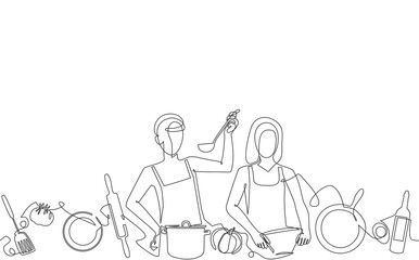 Cooking Background. Pattern with People who Cook and Utensils. Can be yused for decoration and covering. Vector illustration.