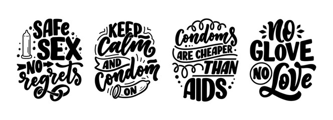 Fototapeta premium Safe sex slogans, great design for any purposes. Lettering for World AIDS Day design. Funny print, poster and banner with phrases about condoms. Vector