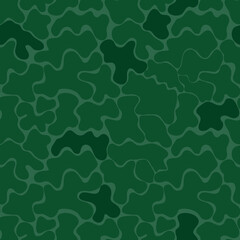 Green camouflage seamless pattern. Dark green doodle spot stain. Camouflage pattern for military clothes, textile, army fabric, packaging, backgrounds, applications, textures. Stock vector picture.