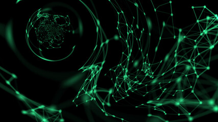 Composition of spheres and green curved lines, dots on a black background. Futuristic space composition. 3D rendering.