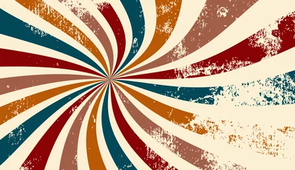  retro groovy sunburst background pattern in 60s hippy style grunge textured vintage color palette of blue orange red beige and brown in spiral or swirled radial striped starburst vector design © Arlenta Apostrophe