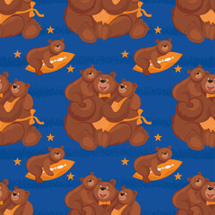 Family of bears - father, mother and child. Seamless pattern in cartoon style. Vector illustration for bed linen, children's pajamas, T-shirts and more