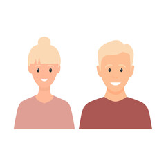 Happy young man and woman standing together. Lovely mature couple. Blond family flat illustration. Sister and brother vector isolated on white background. Romantic concept. Wife and husband smiling.