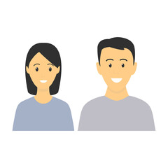 Happy young caucasian man and woman standing together. Lovely mature couple. Asian family flat illustration. Sister and brother vector isolated on white. Romantic concept. Wife and husband smiling.