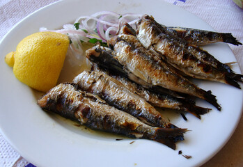 Grilled sardines on a restaurant in Alyki Beach, Thasos island, Greece.