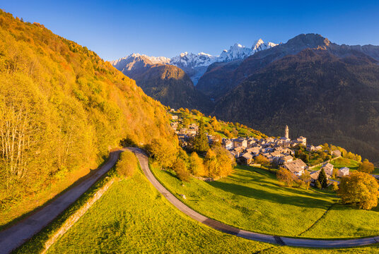 Aerial view of Soglio in autumn, Soglio, Bregaglia valley, Graubunden