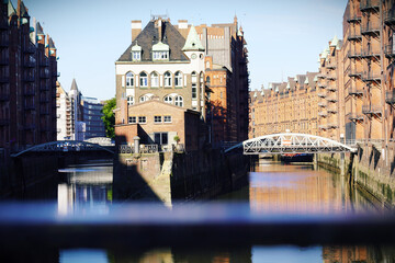 Hamburg, Wandrahmsfleet and  Holländischbrookfleet canals meeting, taken from Poggenmühlen-Brücke.