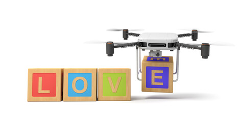 3d rendering of word 'LOVE' written with ABC blocks, and camera drone putting final 'E' at the end.