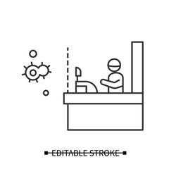 Shopping safety icon. Shop cashier desk with covid19 prevention glass or plastic barrier linear pictogram. Concept of health safety during corona virus pandemic. Editable stroke vector illustration