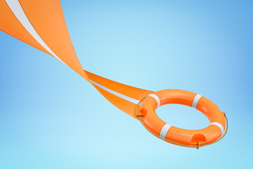 3d rendering of orange lifebuoy ring with trail on blue background