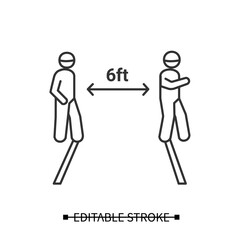 Social distance icon. People keeping 6 ft apart for covid infection prevention line pictogram. Concept of personal safety instruction during corona virus outbreak. Editable stroke vector illustration